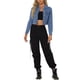 thumbnail image 2 of Chaquetas de mezclilla recortadas para mujeres INSPIRE CHIC con bolsillo en el pecho, con ribete de cuadros, chaqueta de jean con botones, L azul claro, 2 of 6