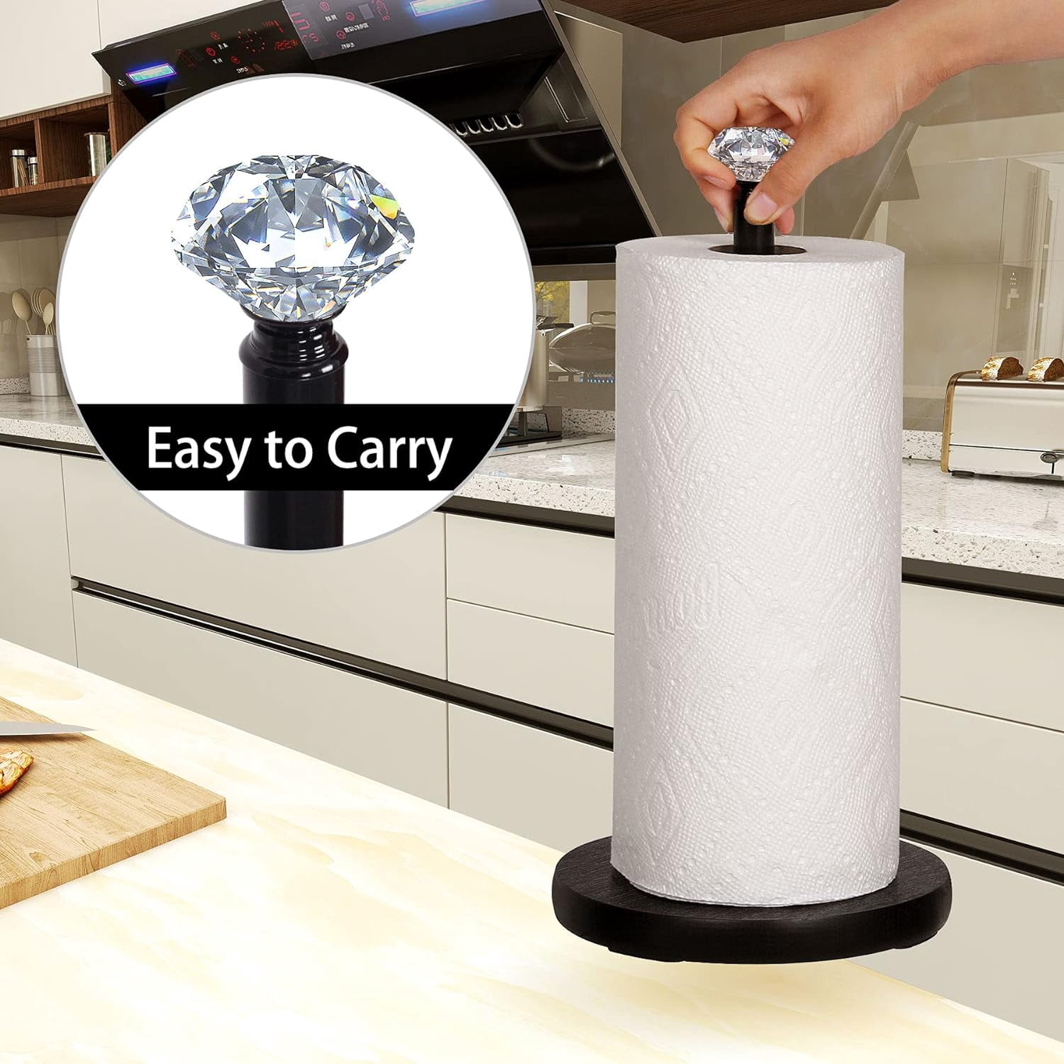 Paper Towel Holder Countertop, , Crystal Paper Towel Stand Holder, Black Solid Wood Weighted Paper Towel Holders for Standard and Large Size Rolls (Black)