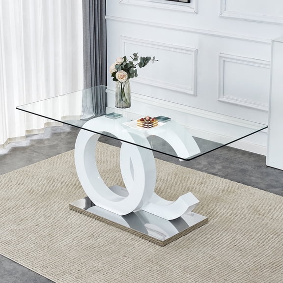 NYEESS 63x35.4 inch Modern Rectangular Glass Dining Table for 6-8, White MDF Base with Metal Support, Kitchen and Dining Room