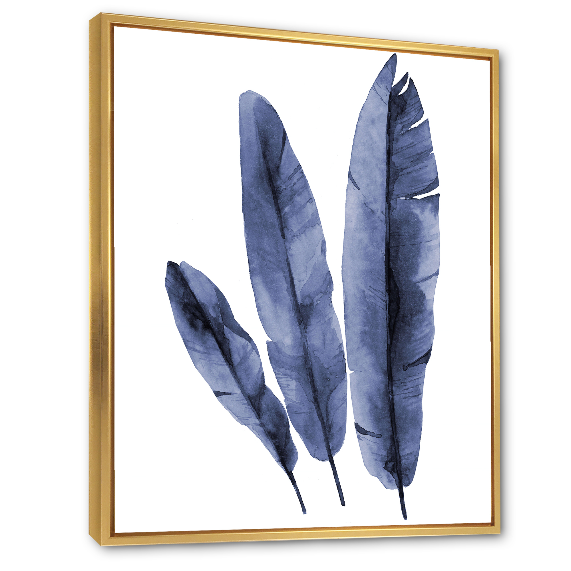 Designart 'Navy Blue Tropical Banana Leaves On White' Tropical Framed Canvas Wall Art Print