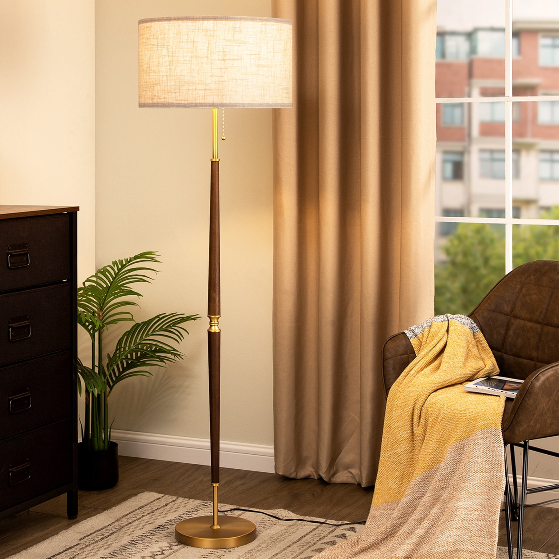 EDISHINE 62 inch Vintage Floor Lamps for Living Room, Retro Floor Lamps,  Contemporary Wooden Standing Lamp with Chain Switch,Gold