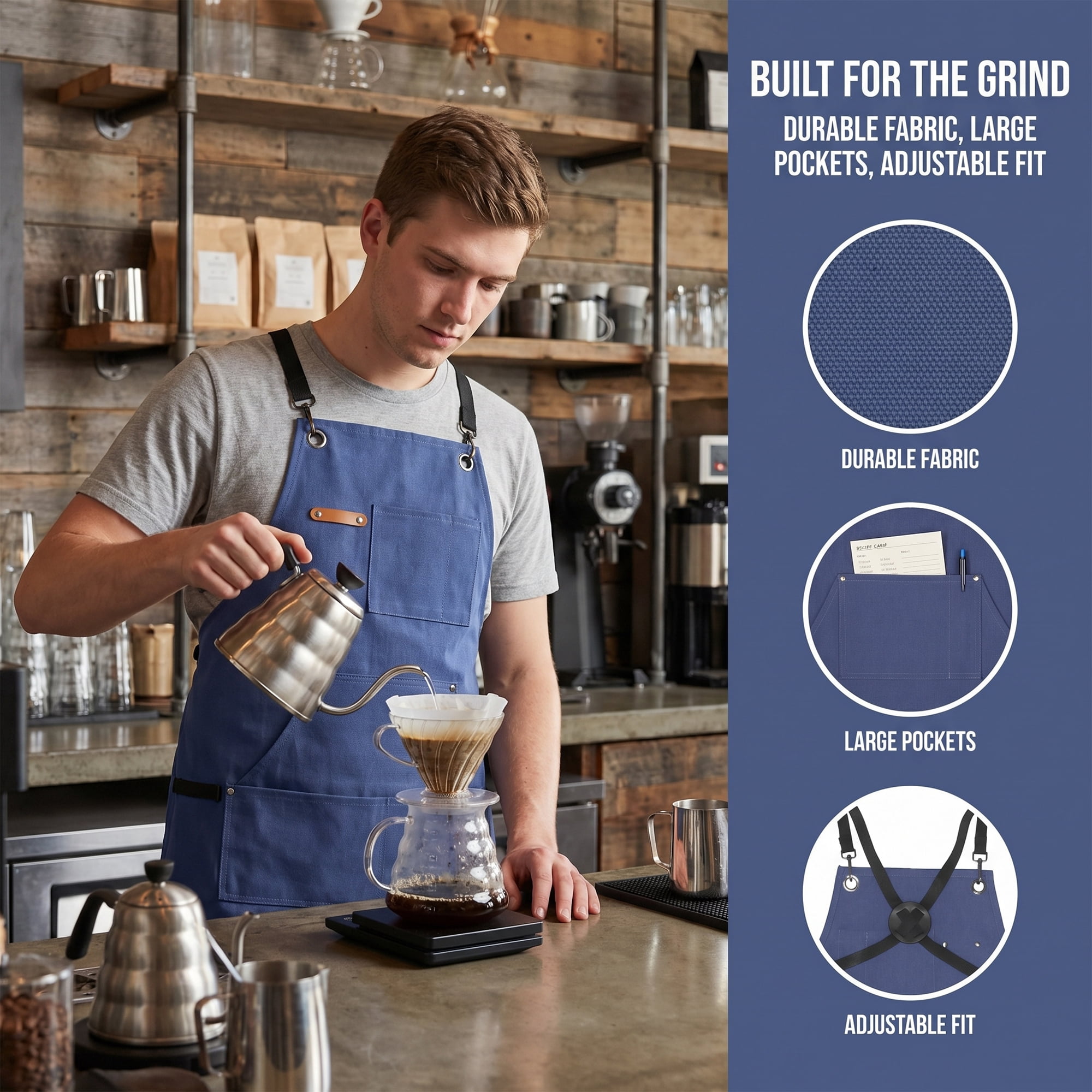 Unique Bargains Adjustable Waterproof Kitchen Apron with Pockets Durable Polyester Blue