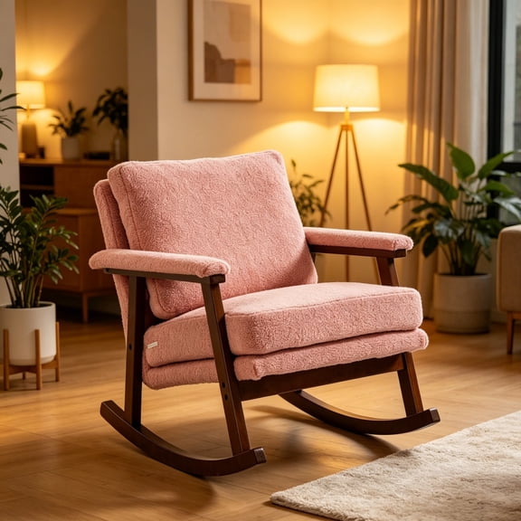 Mid Century Modern Accent Rocking Chair with Wood Frame, Upholstered Reading Armchair for Living Room, Bedroom, Nursery & Sunroom, Light Pink