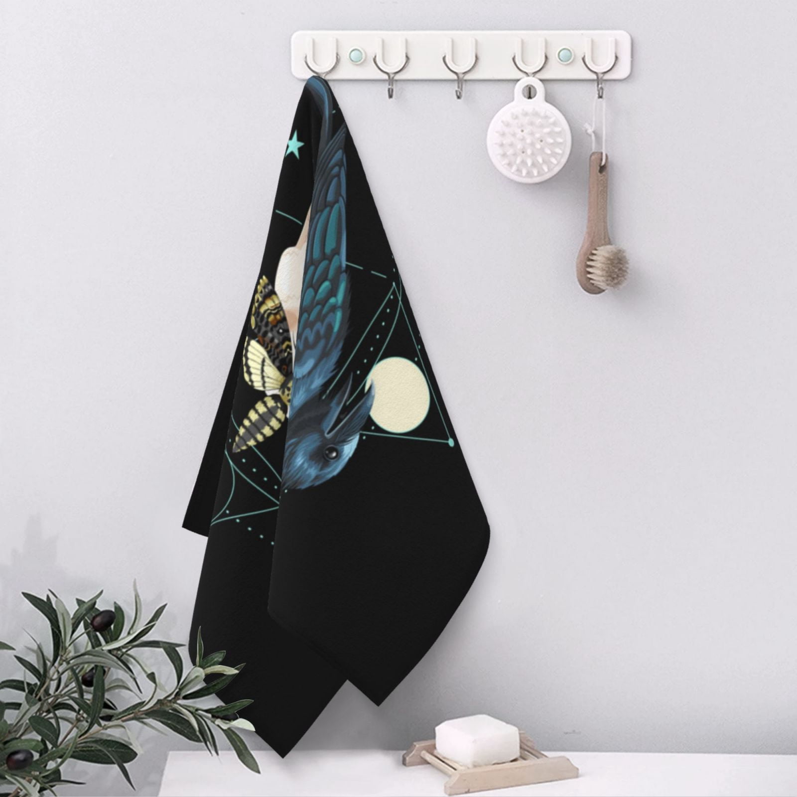 Black Raven Skull Moth Moon 27.5" x 16" Ultra Soft Hand Towel, Face Wash Cloth for Bathroom, Gym, Travel, Pool