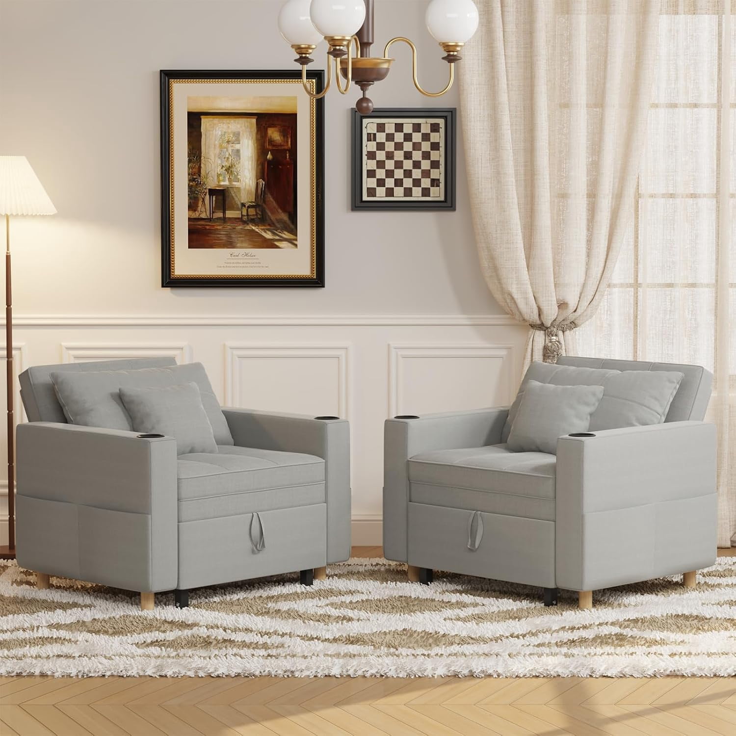 AECOJOY Sofa Bed, 38" Extra-Wide 3-in-1 Convertible Pull-Out Single Sofa with Adjustable Backrest and Cup Holder, Light Grey