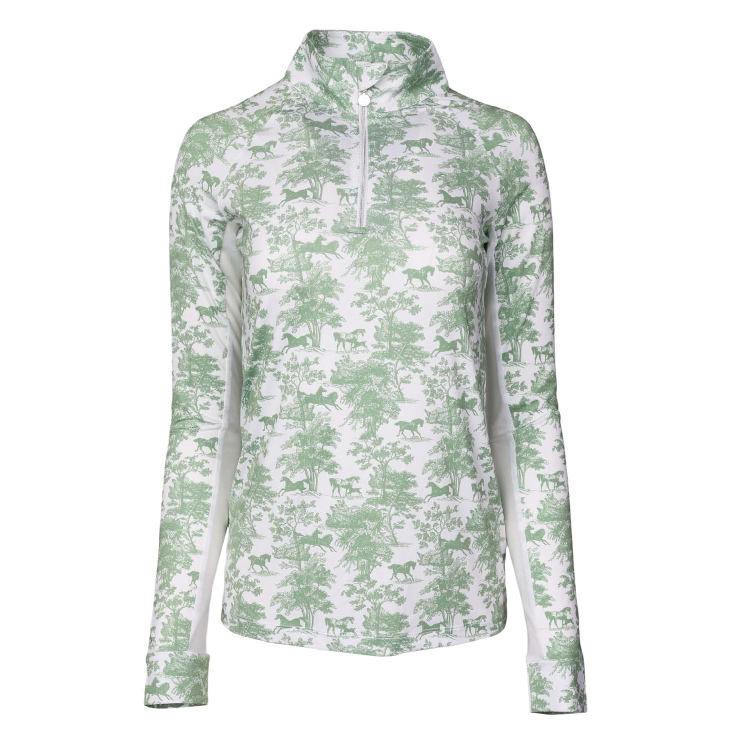 Dapplebay Equestrian Toile 1/4 Zip Light Riding Top - Long Sleeve-Green/White-XXL
