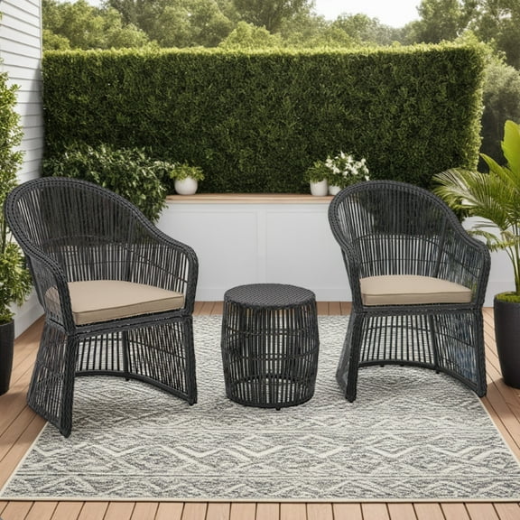 Abble 3 Pieces Patio Furniture Set Outdoor Patio Conversation Set Wicker Rattan 2-Person Seating Group Set with Coffee Table and Beige Cushions, Black