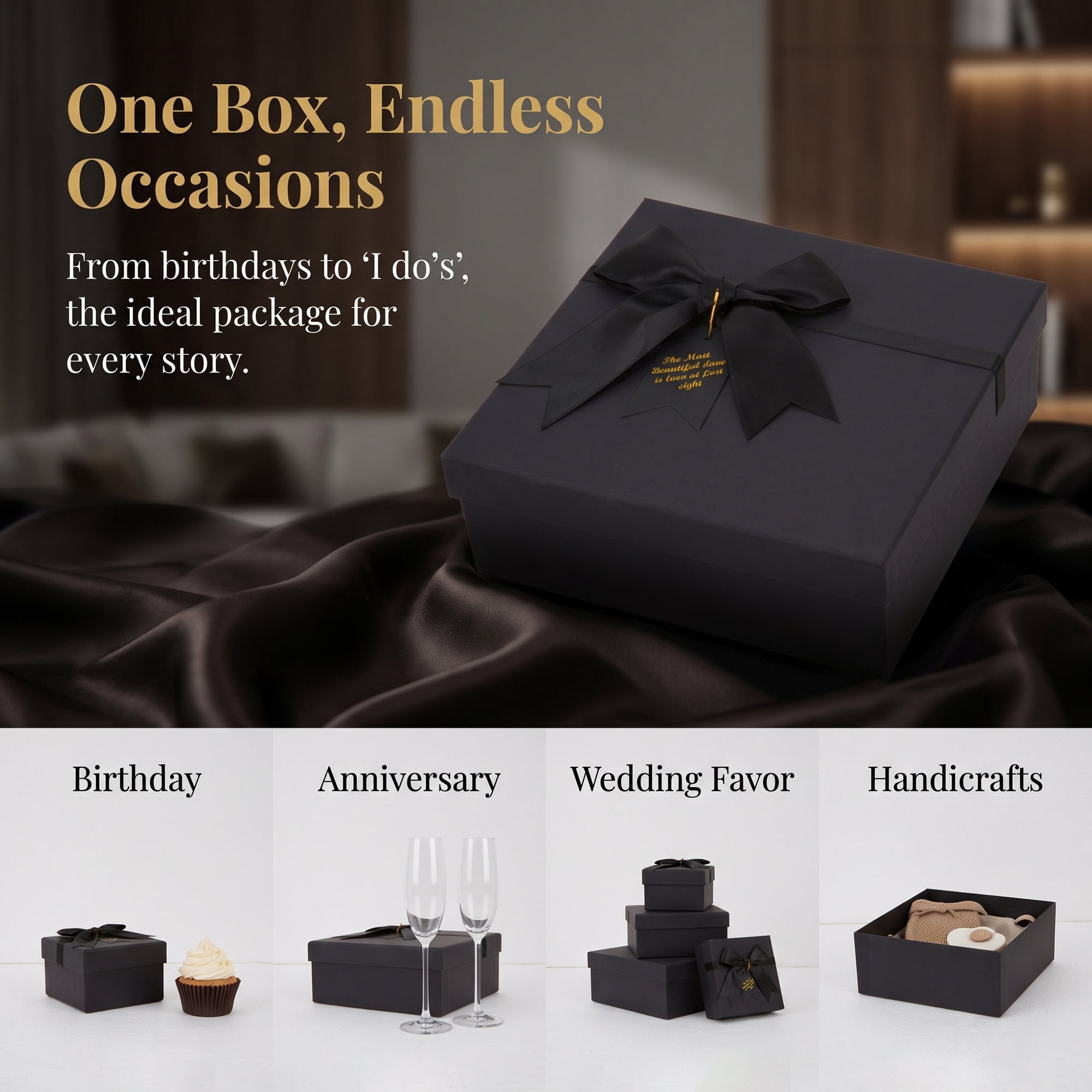 Unique Bargains Elegant Rigid Present Box with Lids Black 7.9"x7.1"x3.1"