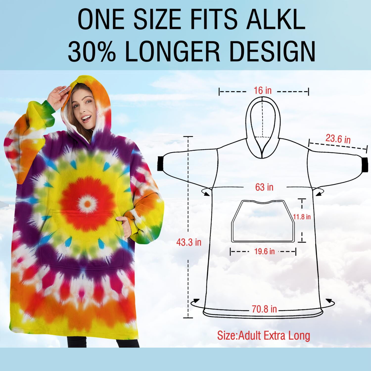 Oversized Wearable Blanket Hoodie,Tie Dye Rainbow Concentric Circles Pattern Sherpa Blanket Hoodie with Super Pockets,Super Warm Fuzzy Pullover for Women & Men