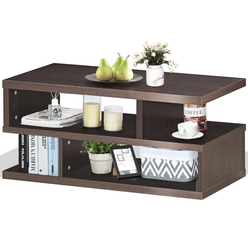 Finihen Rectangular Coffee Table, 3-Tier Rectangular Modern Coffee Table with Storage Shelf, for Living Room, Reception Room, Office, Brown