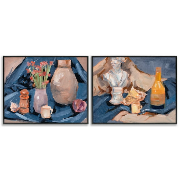 Stupell Industries Traditional Still Life on Drapery Plants & Flowers Painting Black Framed Art Print Wall Art, 14 x 11, Set of 2