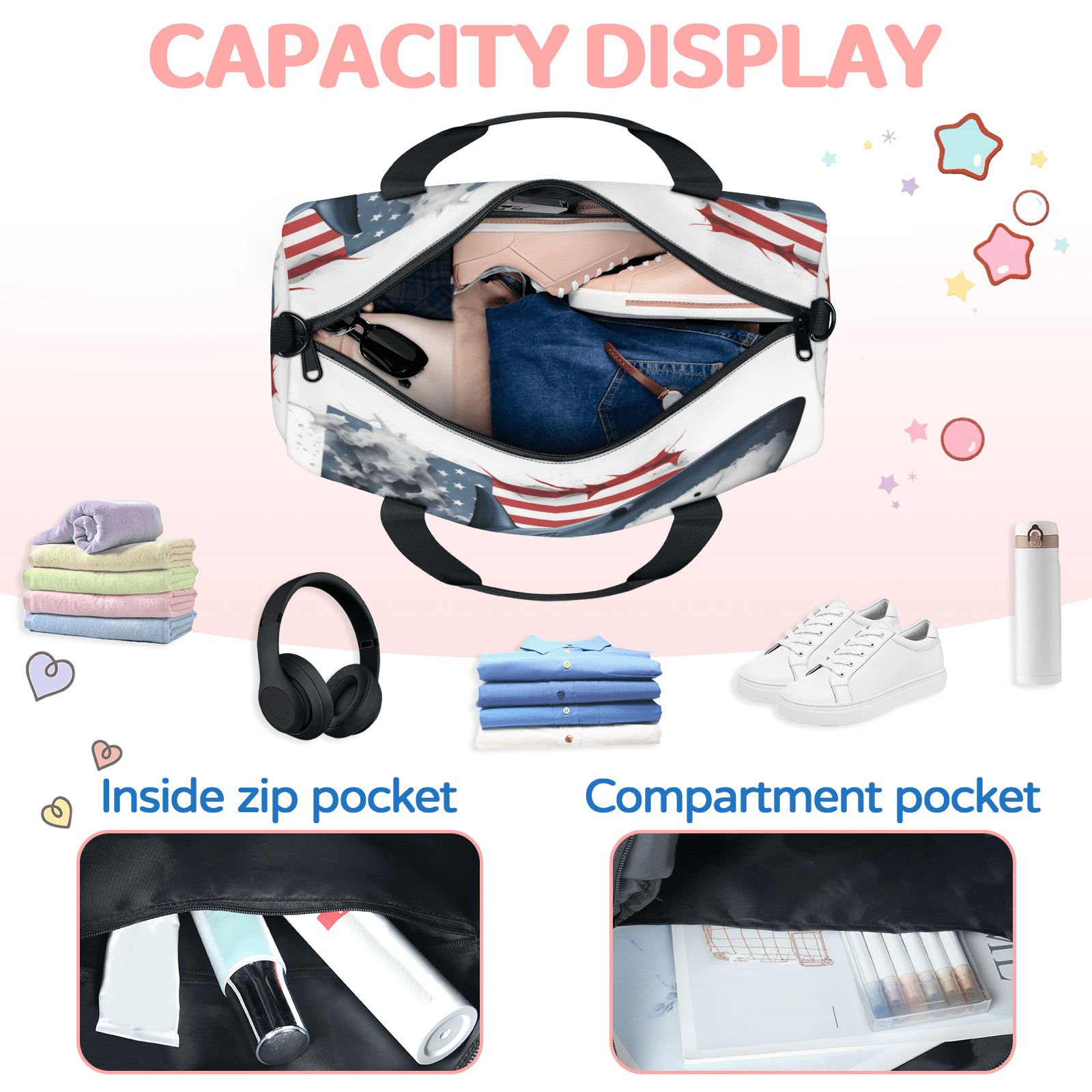 Herdesigns Shark American Flag Gym Bag for Women, Duffle Bag for Travel Sport, Lightweight Waterproof Carry on Weekender Overnight Dance Yoga Workout Bags