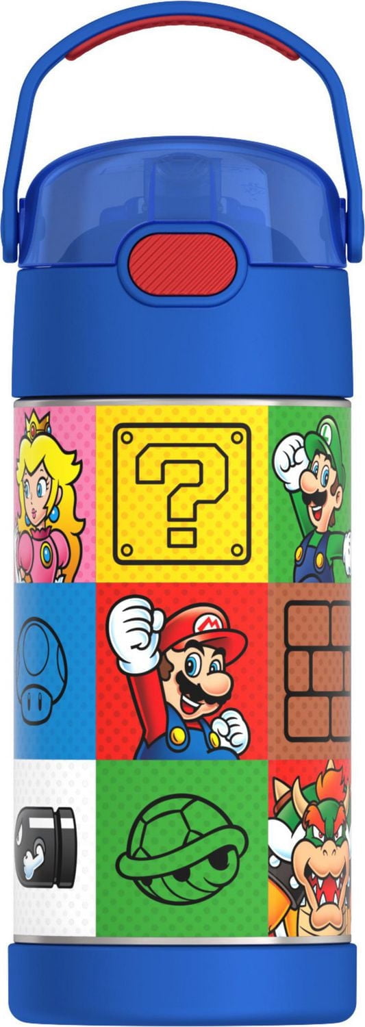 Thermos Kids Bouteille d'eau isolée sous vide avec paille rabattable, 355 ml, Super Mario