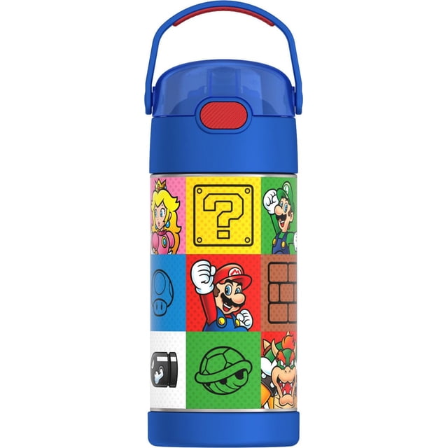 Thermos Kids Bouteille d'eau isolée sous vide avec paille rabattable, 355 ml, Super Mario