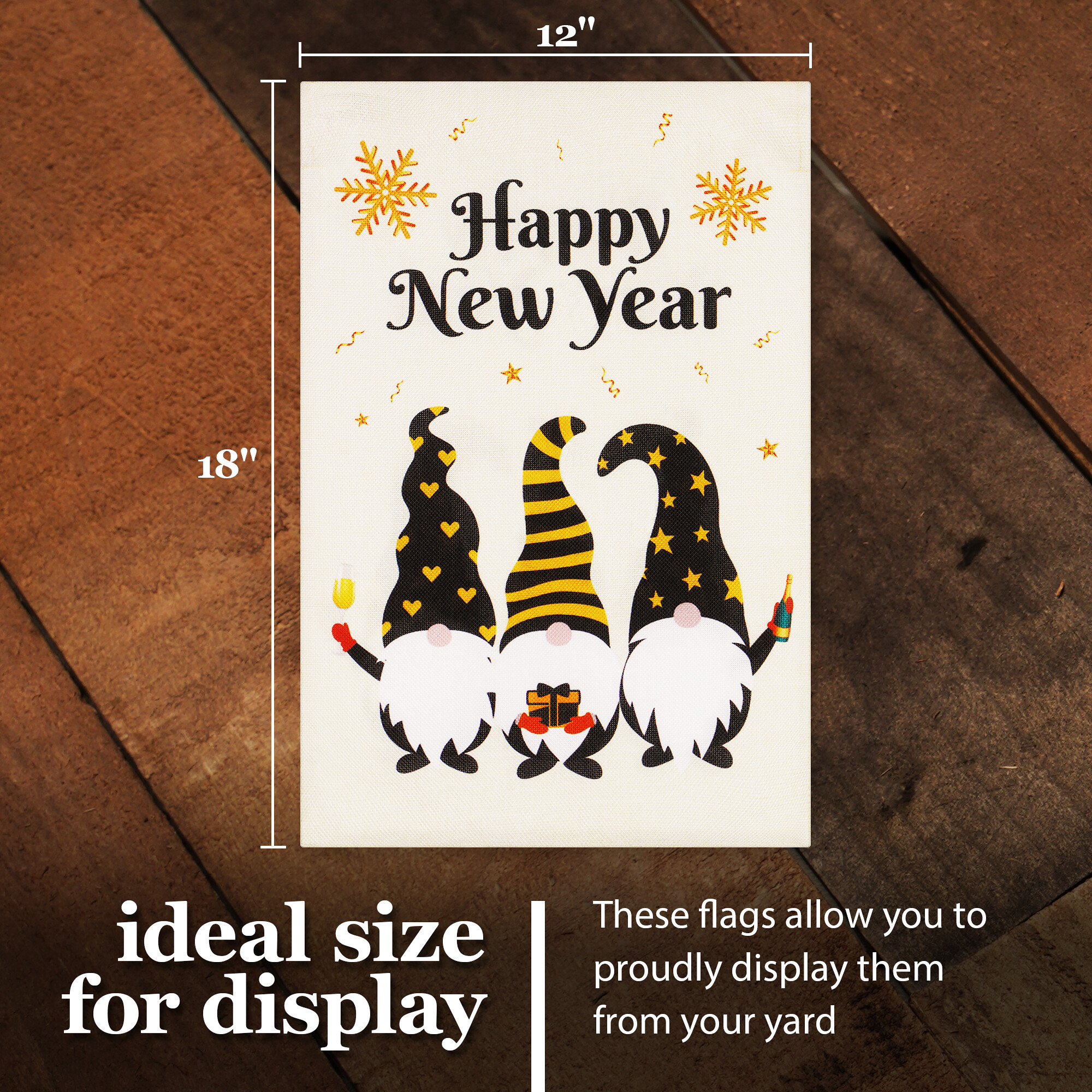 G128 Set: 36"x16" Garden Stand AND 12"x18" Double-sided New Year Garden Flag Three Gnomes Burlap