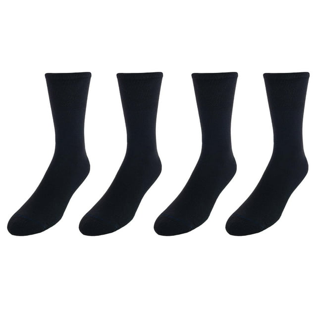 Dr. Scholl's Men's Diabetic & Circulatory Crew Work Socks (4 Pair Pack) shown in a front-facing view. These crew-length socks, made of 98% polyester and 2% spandex, fit shoe sizes 7-12 and feature a non-binding stay-up comfort top, ultra-smooth toe seam, and cushioning throughout the footbed. Designed for diabetic foot care, they help maintain dryness and regulate temperature for all-day comfort.