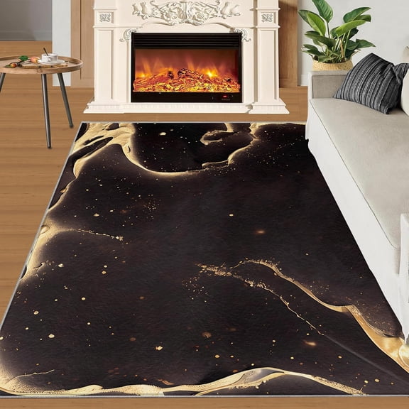 Area Rugs Abstract Golden Fluids Print Rug For Living Room ，Retro Light Luxury Black Golden Low Pile Washable Rugs ，Anti-Slip Backing Rug ，Apply To Bedroom Dining Room Office 1x2ft