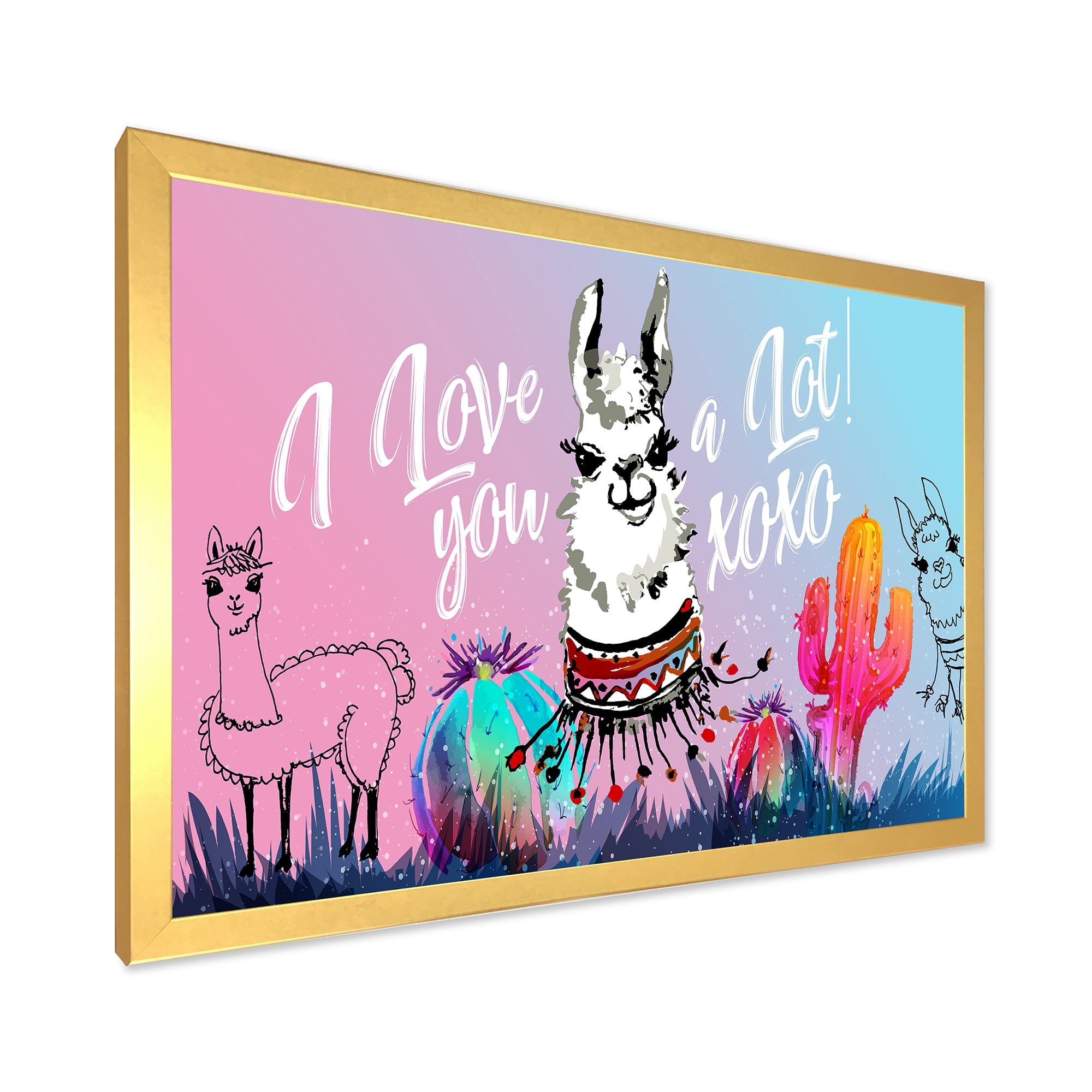 Designart 'I Love You A Lot Llama Alpaca Cartoon Portrait' Children's Art Framed Art Print