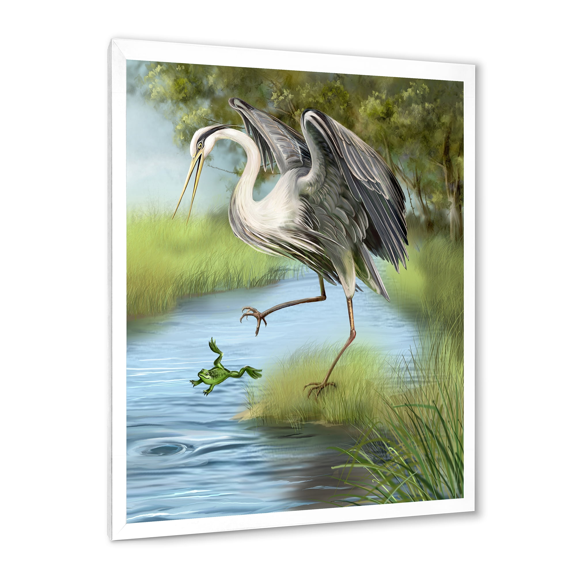 Designart 'Crane Hunting A Frog' Farmhouse Framed Art Print