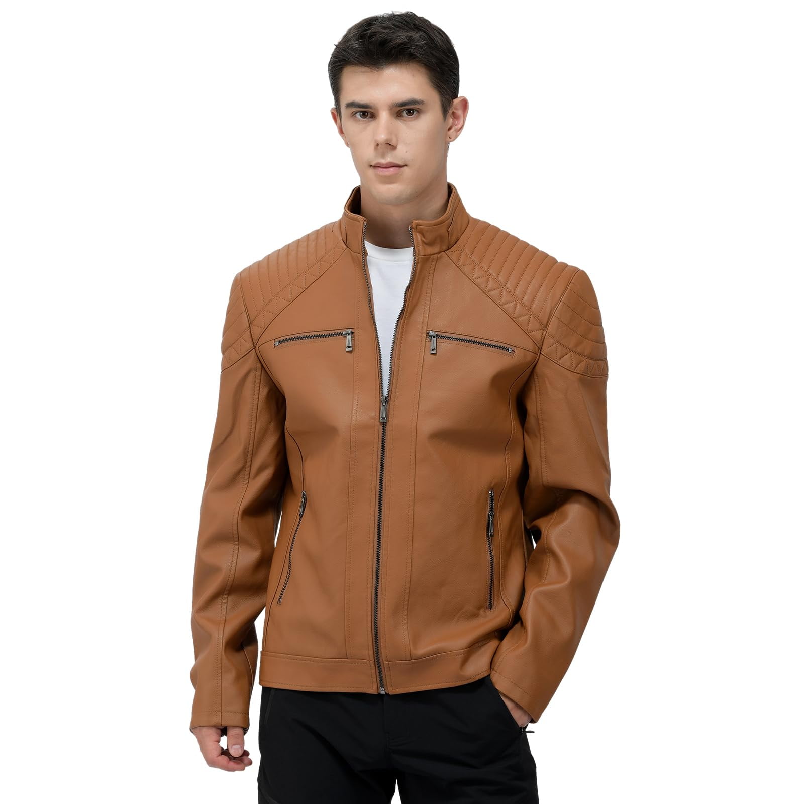LEDUNTINO Men's Leather Jacket, Stand Collar PU Faux Leather, Zip-Up Motorcycle Bomber Jacket, Slim Fit Biker Coat