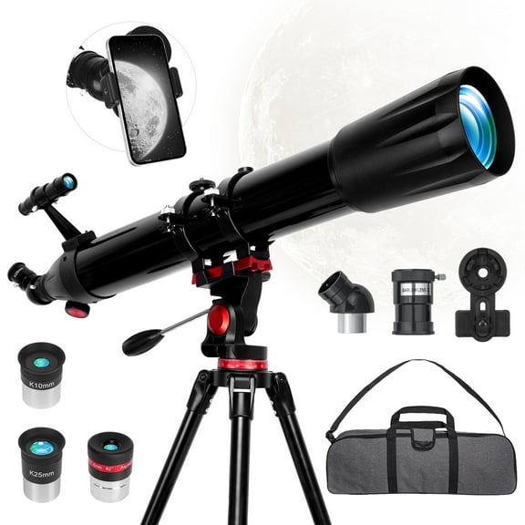 90mm Aperture Telescope for Adults and Beginners, 900mm Focal Length High-Powered Refractor Astronomy Telescope with Stainless Steel Tripod, Phone Adapter & Carry Bag - Black