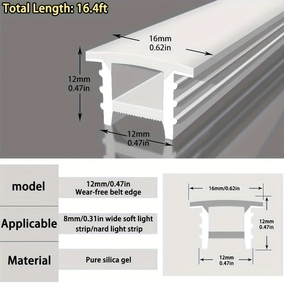 16.4ft/5m Silicone LED Diffuser, Recessed Flexible Strip Light Cover Plate, White 12x12/14x14/16x16mm Neon Rope Lights For Indoor Decorative 6-10mm Strip Light Installation Channel