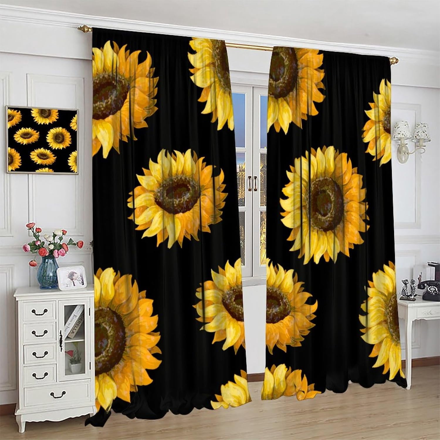 Sunflower Blackout Curtains Beautiful Flowers Yellow Black Rustic Nature Bedroom Living Room Kitchen Rod Pocket Decoration Window Drapes 2 Panels W42xL63in