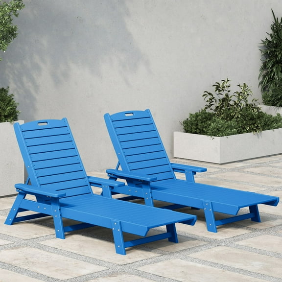 WestinTrends Malibu Outdoor Lounge Chairs Set of 2, All Weather Poly Lumber Patio Chaise Lounge Pool Chairs with 5 Positions Backrest, Pacific Blue