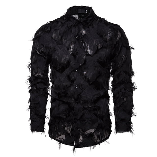 Camisa de manga larga con plumas 3D para hombre: prenda de algodón para el escenario, diseño moderno, corte ajustado, tallas S-XXL, actuaciones de primavera/otoño