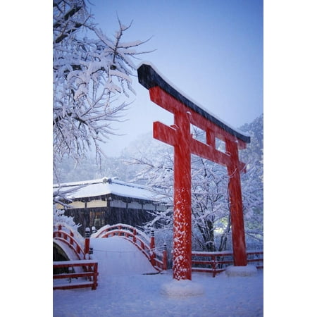 Blue hour in Shimogamo Shrine, UNESCO World Heritage Site, during the largest snowfall on Kyoto in Print Wall Art By Damien