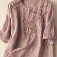 thumbnail image 4 of Women's Floral Embroidery Linen Shirts 3/4 Sleeve Round Neck Babydoll Tops Blouses, 4 of 6