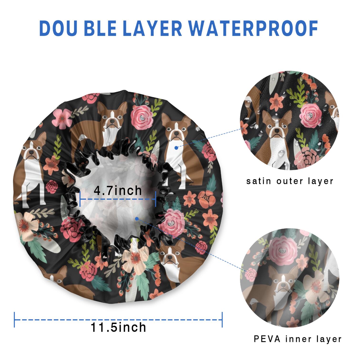 Shower Caps,Boston Terrier Dog with Pioneer Flower Waterproof Shower Cap for Women 4 Pieces,Double Reusable Hair Cover for Shower PEVA Elastic Stretch Hem