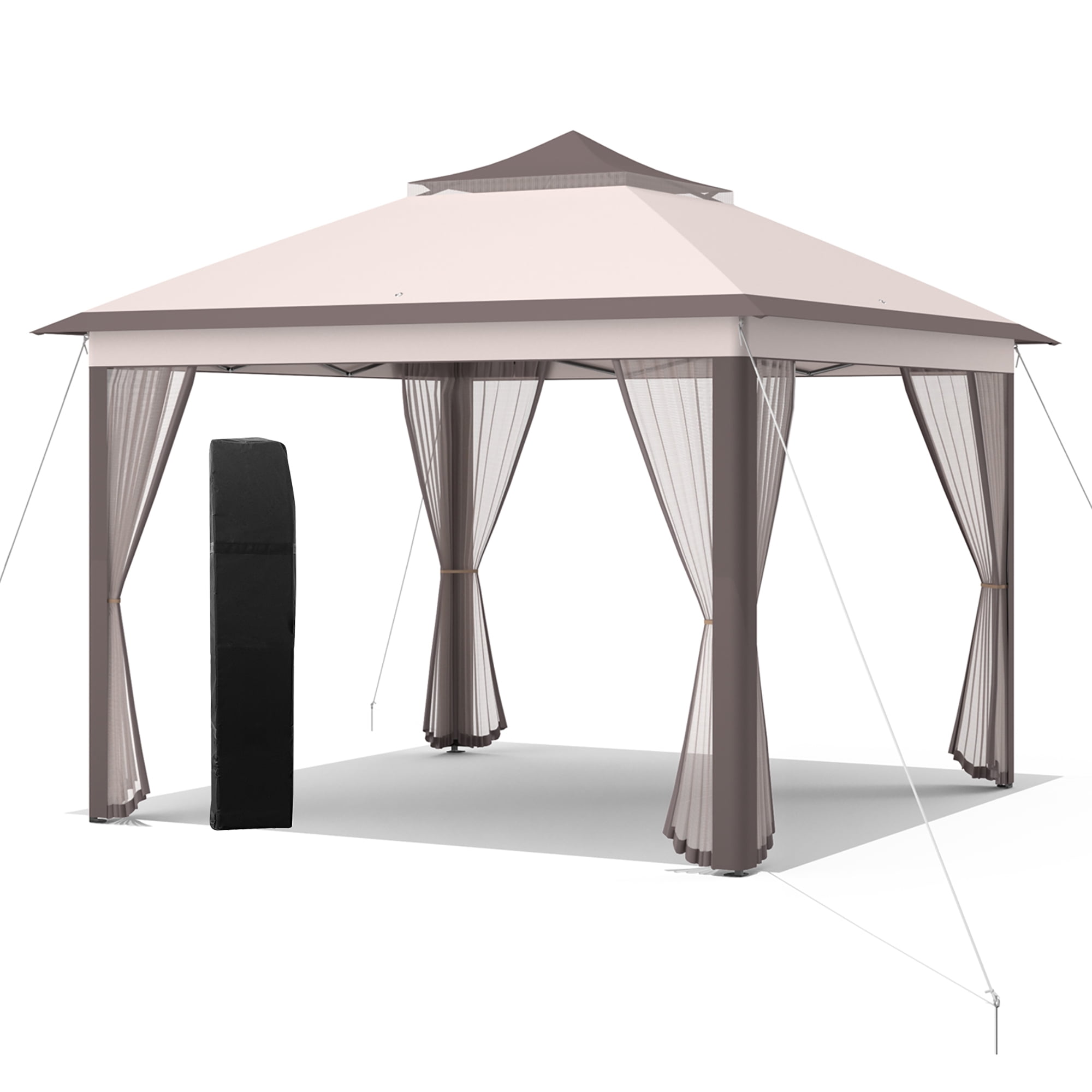 Costway 11'x11' 2-Tier Pop-Up Gazebo Tent Portable Canopy Shelter Carry Bag Mesh Beige