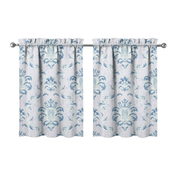 Kitchen Window Curtains over Sink Blue Grey Baroque Small Window Treatment White Cafe Short Curtains for Bathroom Tier Drapes 27.5x36inch