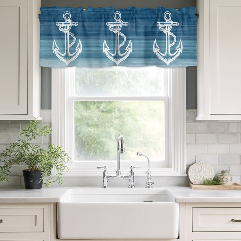 Unchor Rod Nautical White Anchor Rod Pocket Curtain Valance, Blue Gradient Ocean ...