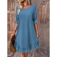 thumbnail image 2 of Women Cotton Linen Crewneck Mid Sleeves Ruffle Summer Beach Vacation Casual Loose Dress, 2 of 6