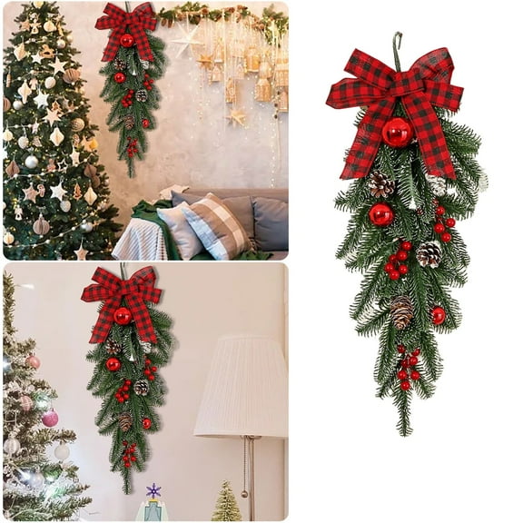 Christmas Teardrop Swag for Front Door - 21.6 Inch Artificial Pine Garland with Pinecones, Red Berries Christmas Balls,Festive Indoor Outdoor Decor for Door,Wall, Staircase Holiday Home Decorations