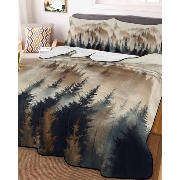 Tan Forest King Size Down Alternative Comforter, Lightweight Comforter Quilt Bedding Set with Pillow Shams Trees Woods Vintage Natural Watercolor All Seasons Bed Comforter Duvet Insert 96"x106"