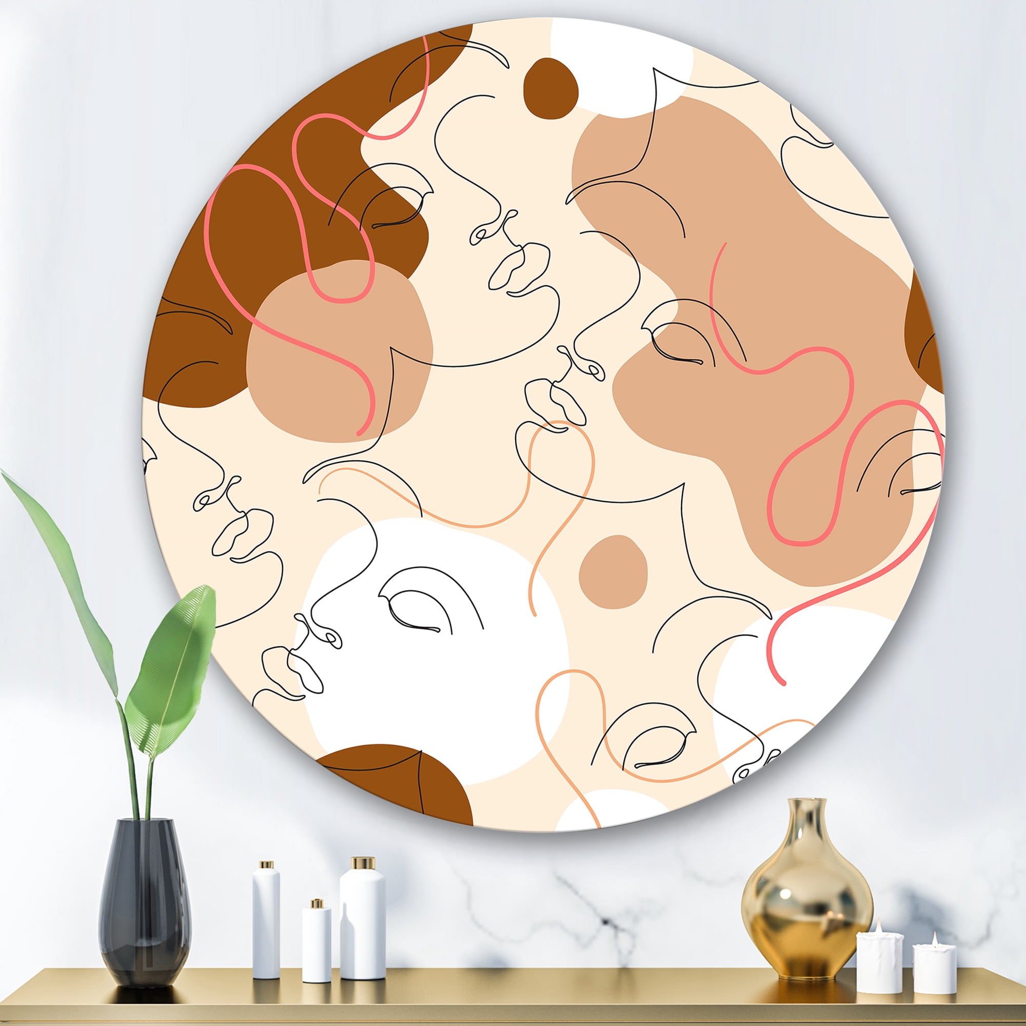 Designart 'One Line Drawing Of Beautiful Girl' Modern Circle Metal Wall Art 36x36 - Disc of 36
