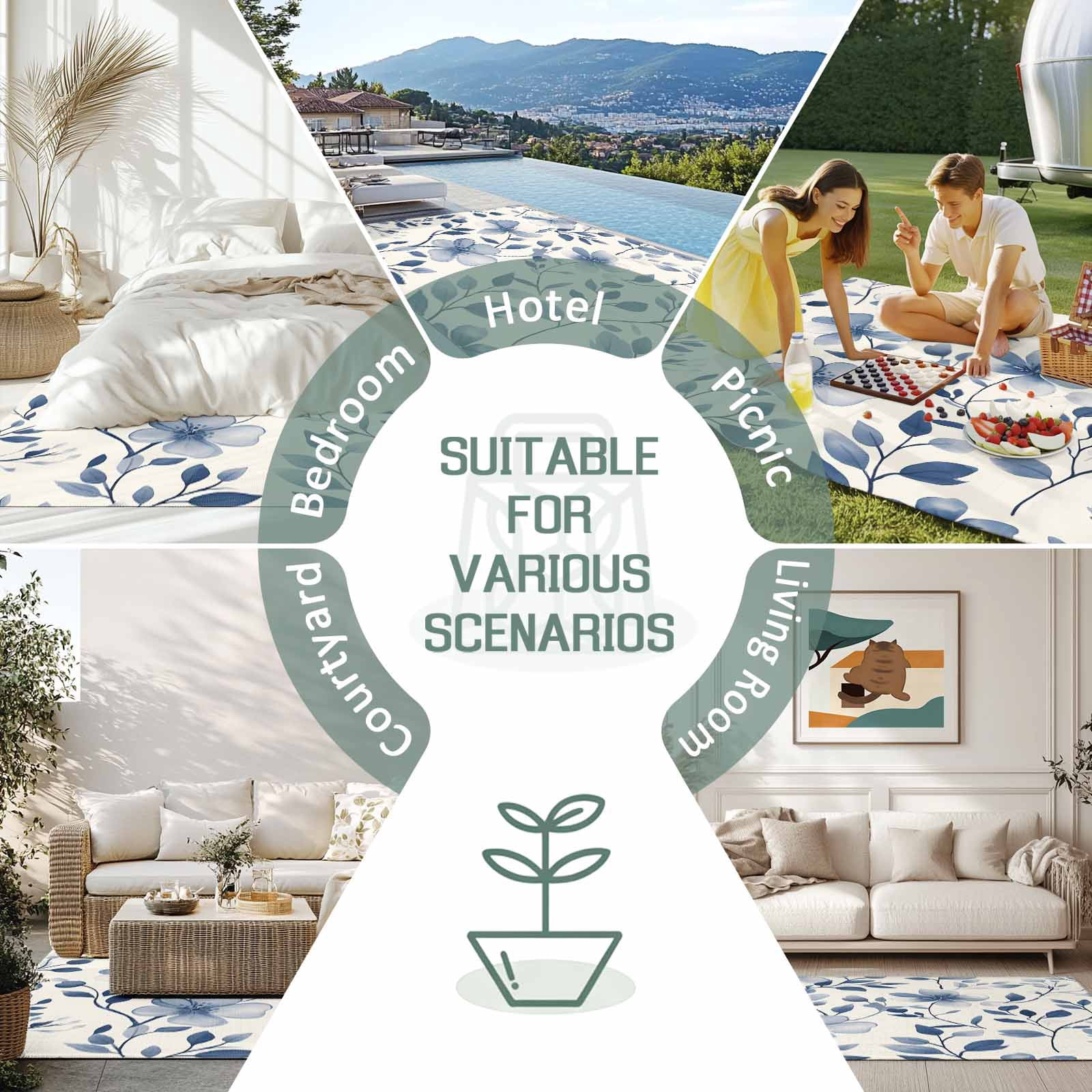 Outdoor Rug 5x8ft Ombre Blue Flowers Large Area Rug Leaf Plant Indoor Outdoor Carpet Outdoor Rugs Mats for Patio Camping,RV,Front Door, Outside Decor