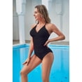 thumbnail image 3 of LIORA Women’s Halter V Neck Macrame Back Ruched Tummy Control One Piece Swimsuits US Large, Black, 3 of 8
