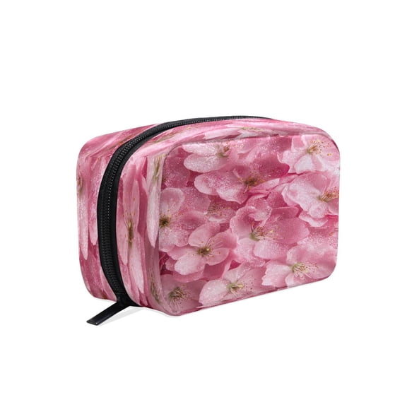 BZSMCE Makeup and Cosmetic Bag Women Simple Pink Flowers with Glitter Pattern Square Cosmetic Bag