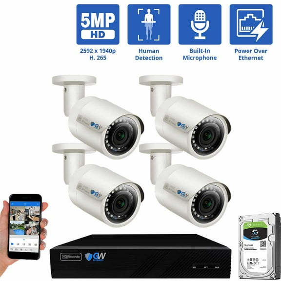 GW Security 5MP AI Human Detection IP Security Camera System with 8 Channel 4K H.265 NVR and (4) x IP PoE 1920P 5MP Outdoor Indoor Microphone Wide Angle Bullet Cameras 100 Feet Night vision