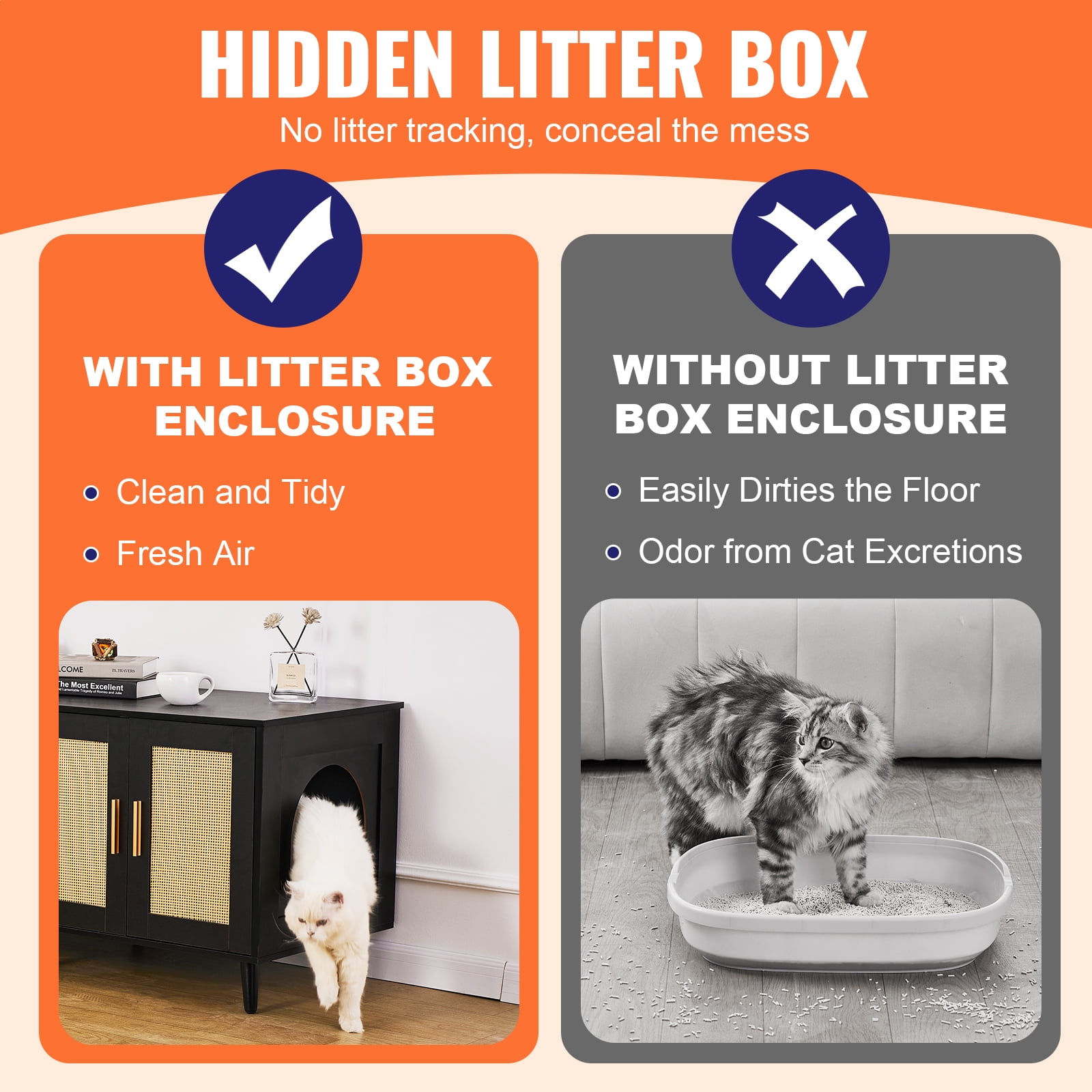 KFFKFF Cat Litter Box Enclosure for Two Cats, Hidden Litter Box Cabinet with Rattan-Style Doors, Wooden Design Compatible with Most Litter Boxes, 47.2"L x 19.7"W x 21.7"H, Black
