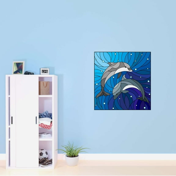 Stained Glass Decals Stickers Jumping Dolphins Love Beautiful Crown Prince Unicorns Royalty Sweet Dreams Love Story Decorating Holiday Gift Ideas Bedroom Wall Decal Sticker - Size: 20 In X 20 In