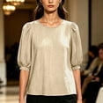 thumbnail image 4 of Vivianyo HD Women's Crew Neck Textured Blouse, Puff Short Sleeve Solid Loose Casual Summer Shirts for Women, Women's Khaki, Sizes S-2XL, 4 of 5