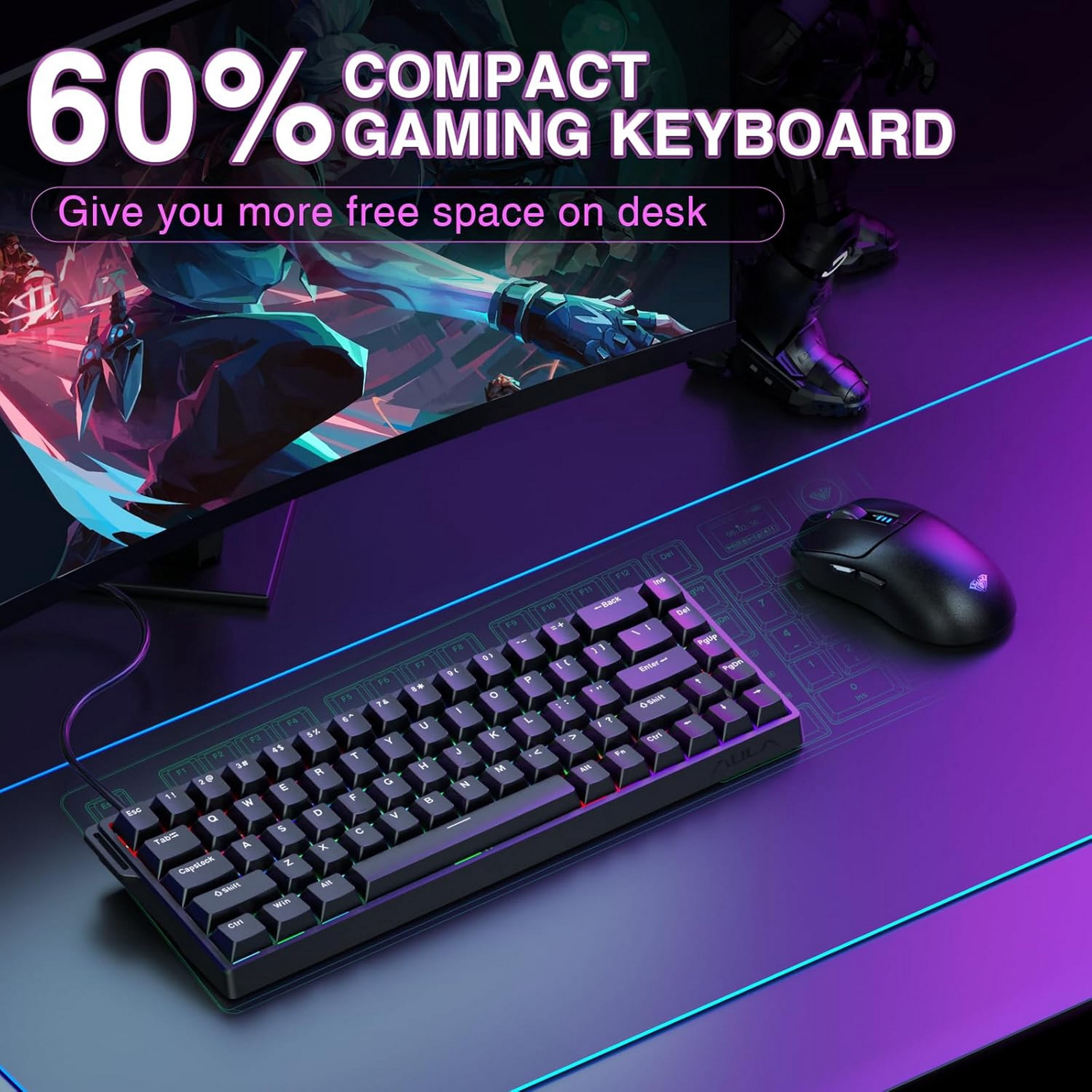 AULA WIN68 HE 68-Key Wired Hall Effect Magnetic Switch Gaming Keyboard, RGB Illuminated, Rapid Trigger, Compact 60%, Anti-Ghosting, USB-A, Black