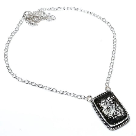 Natural Black Rutile Gemstone Handmade 925 Sterling Silver Necklace 18"