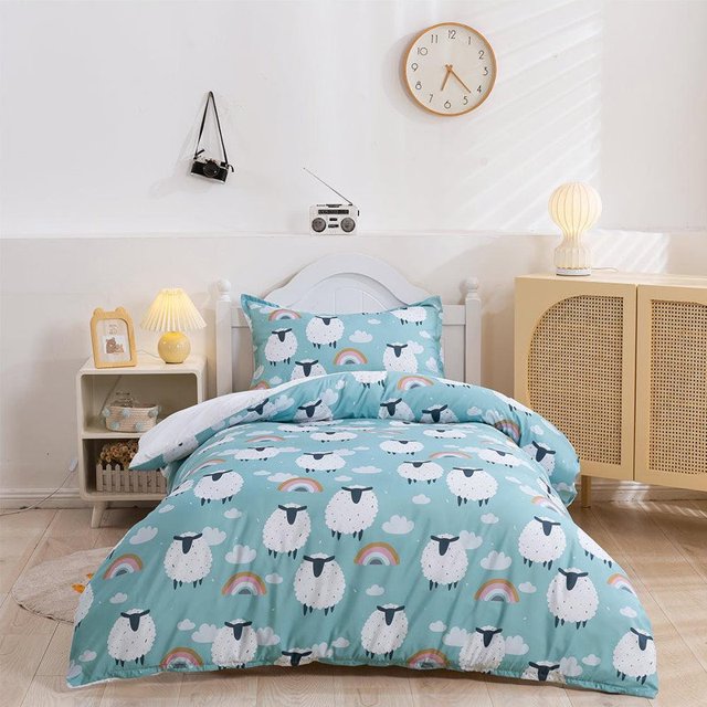 3D Cartoon Animal Sheep Rainbow Funda de edredón Set Ropa de Cama Funda Nórdica