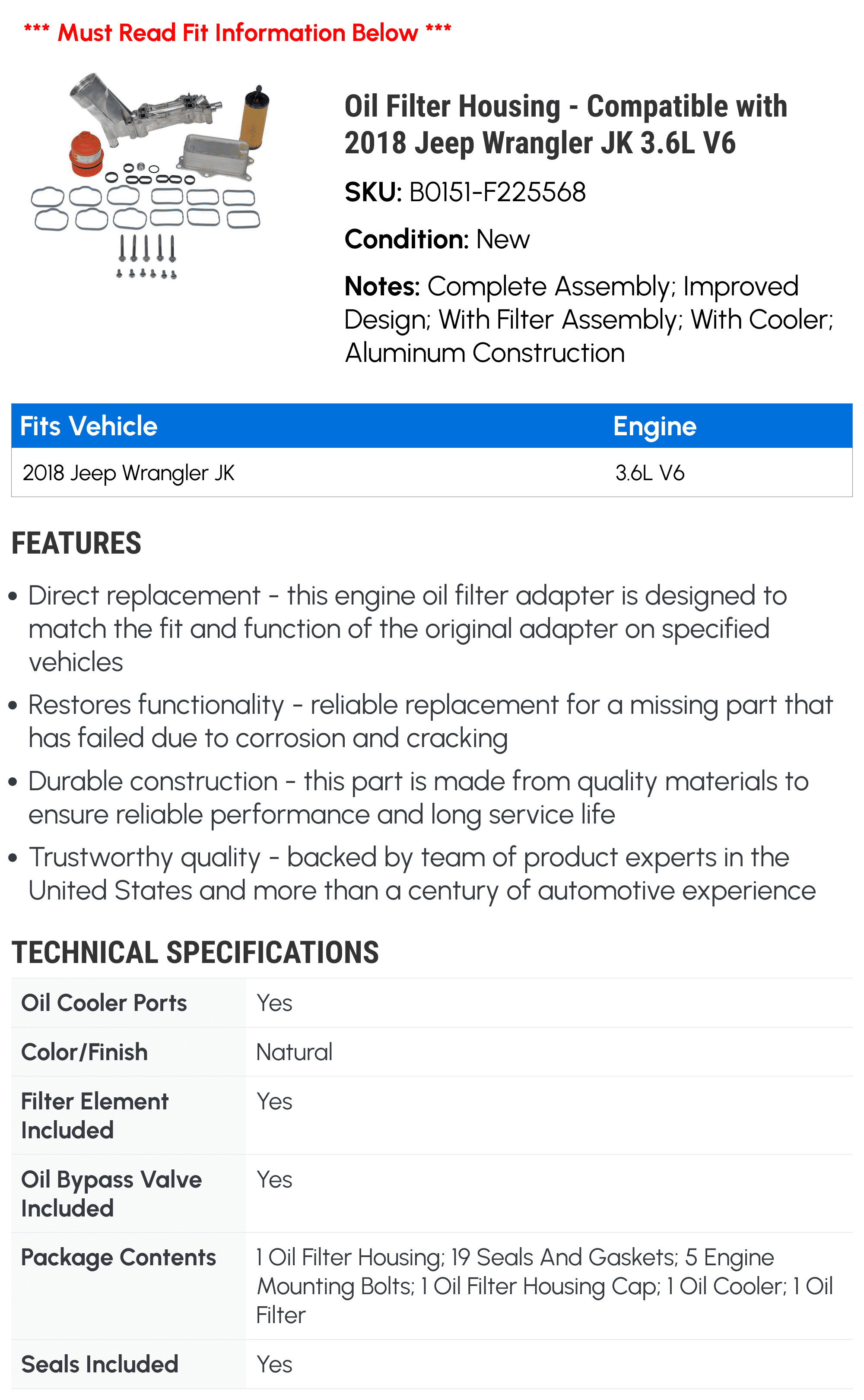 Oil Filter Housing - Compatible with 2018 Jeep Wrangler JK 3.6L V6 - Dorman
